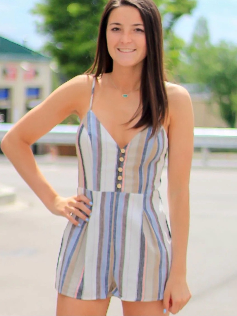 Blue blush pitaya juniors women’s small S stripe linen PERFECT ROMPER